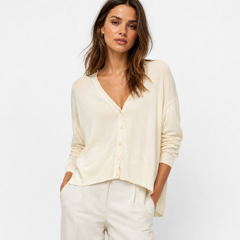 Theory Karenia Bristol Cotton Cardigan Cream Ivory V-Neck High-Low Sweater M